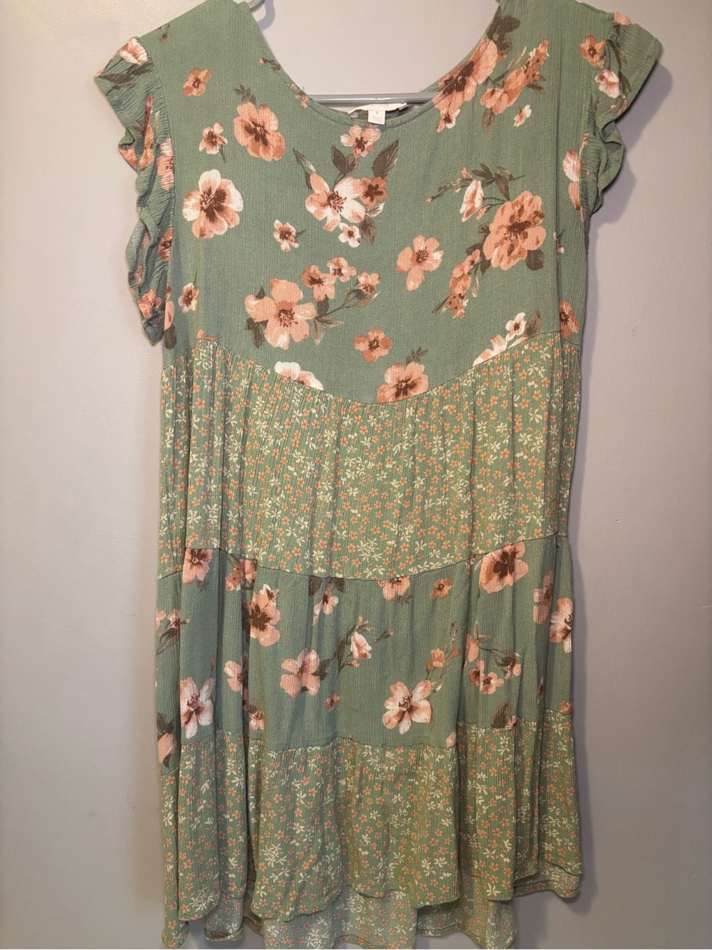 Girls' Floral Sage Green Tiered Sundress